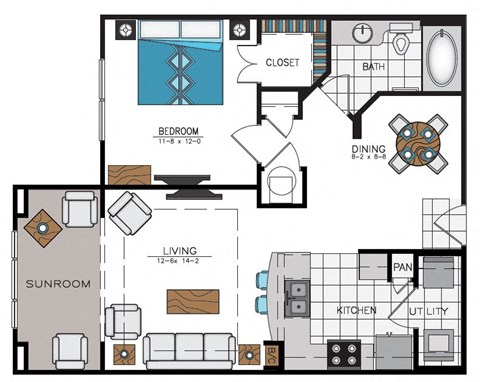 Floor plan for 1 bed, 1 bath, 872 sqft